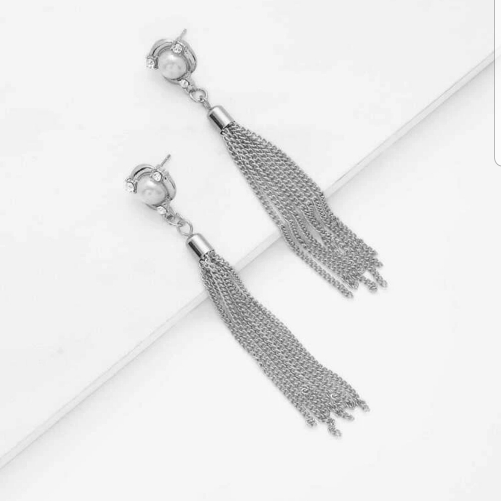 Silver Pearl Rhinstone Chain Tassel Earrings